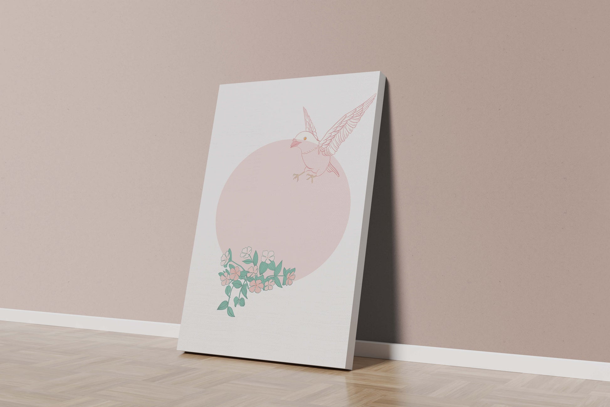 Pájaro pastel con elementos florales en estilo minimalista
