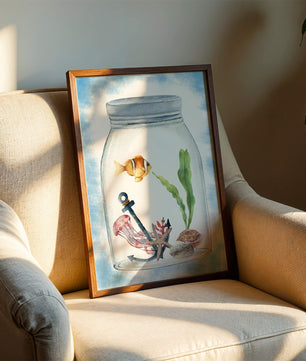 Watercolor illustration of marine life in a jar with a clownfish