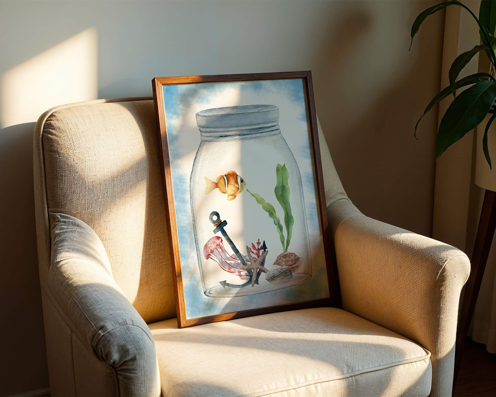 Watercolor illustration of marine life in a jar with a clownfish