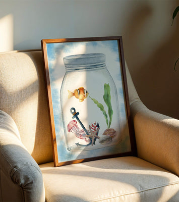 Watercolor illustration of marine life in a jar with a clownfish