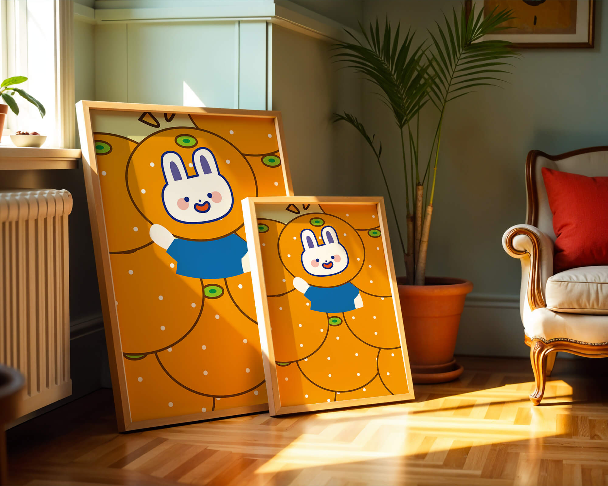 Whimsical illustration of a bunny surrounded by oranges