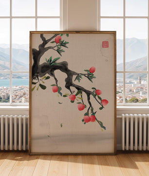 Asian ink painting featuring cherry blossoms on a textured background