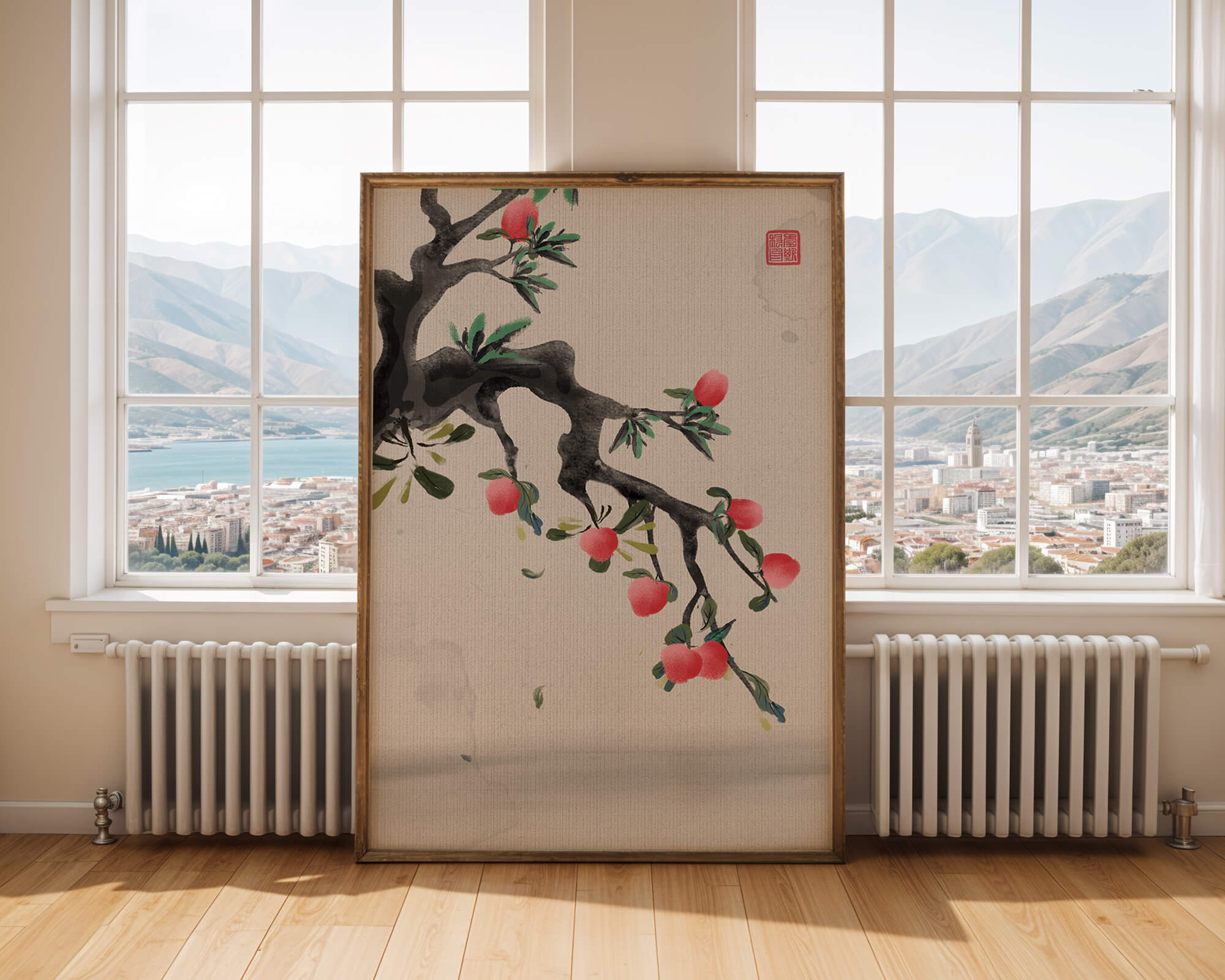 Asian ink painting featuring cherry blossoms on a textured background