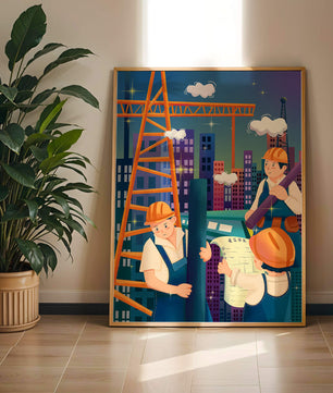 Illustrated construction workers on a high-rise building site