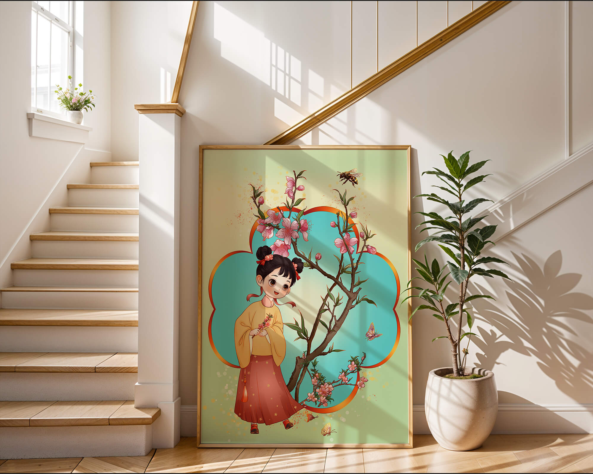 Illustration of a girl with cherry blossoms and butterflies