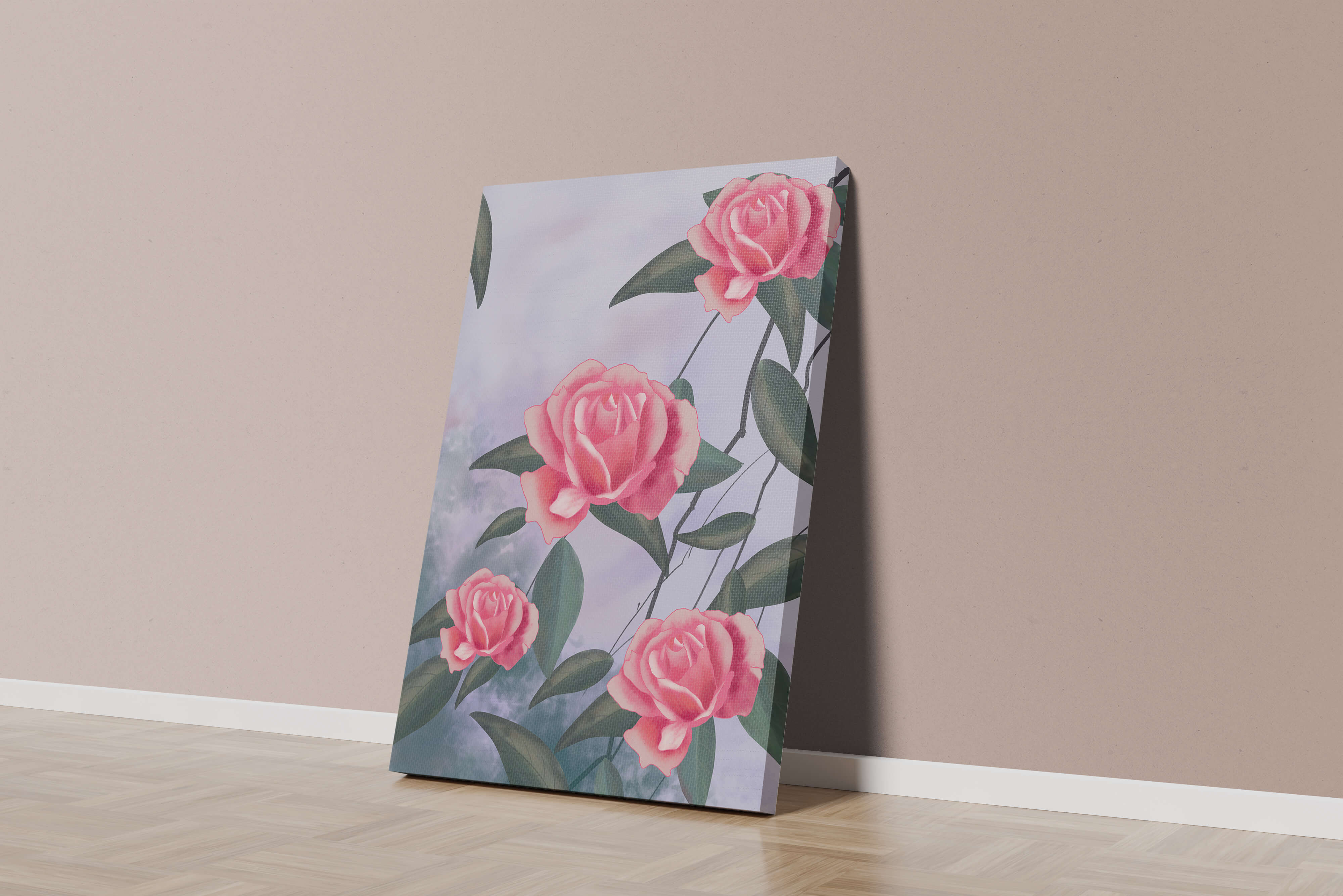 Beautiful pink roses with lush green leaves on soft background