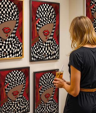 Abstract Art of Woman with Checkered Pattern and Red Lips - Mi tienda