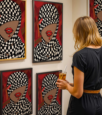 Abstract Art of Woman with Checkered Pattern and Red Lips