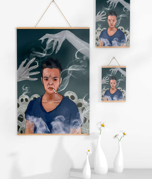 A Person Surrounded by Smoke and Ghostly Hands with Skulls in the Background