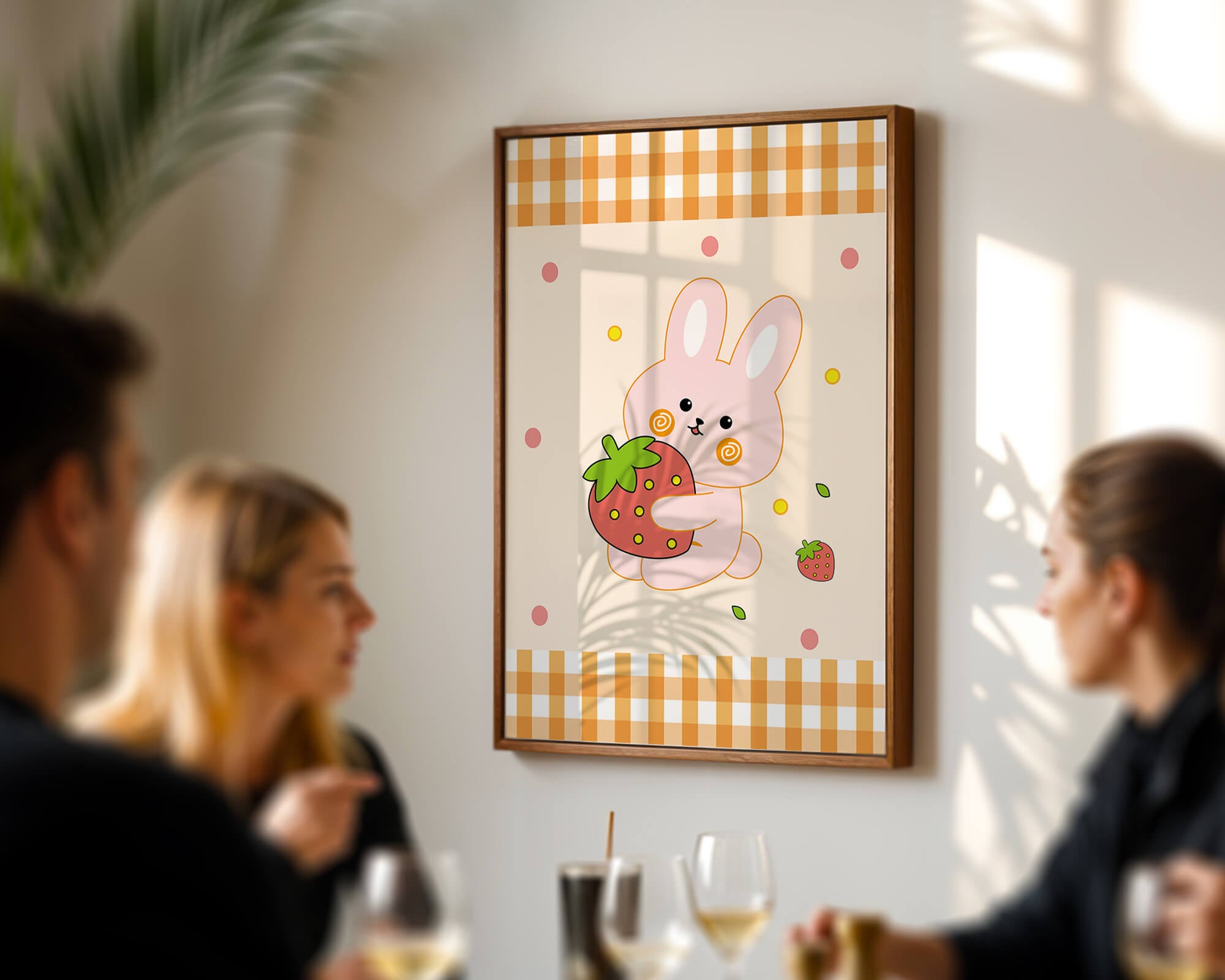 Adorable bunny holding strawberry illustration with gingham pattern