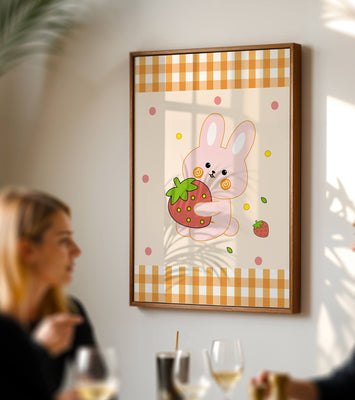 Adorable bunny holding strawberry illustration with gingham pattern