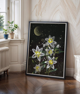 Luminous Night Flowers Under a Starry Sky with Golden Moon - Mi tienda