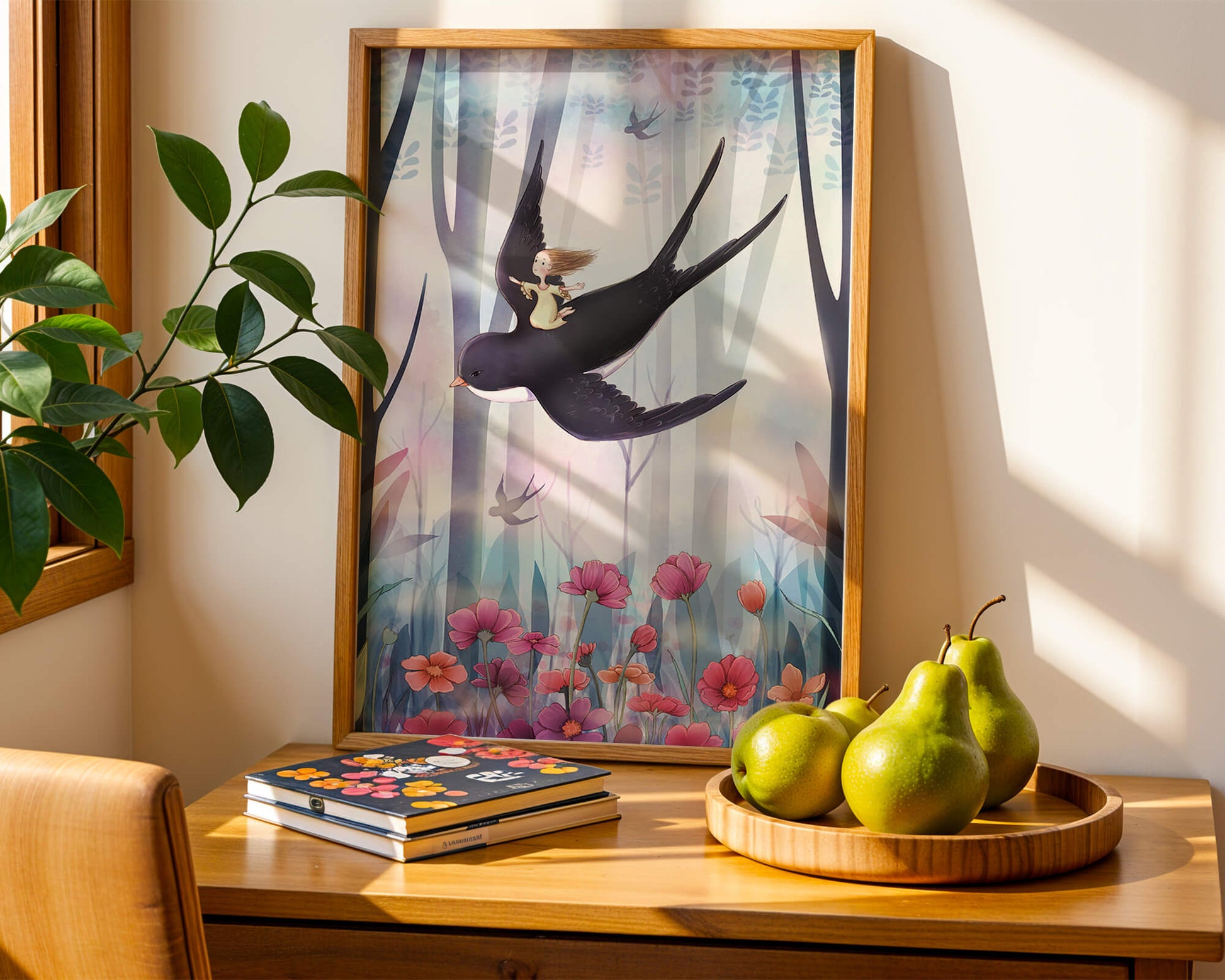 Enchanted forest with girl riding bird among vibrant flowers