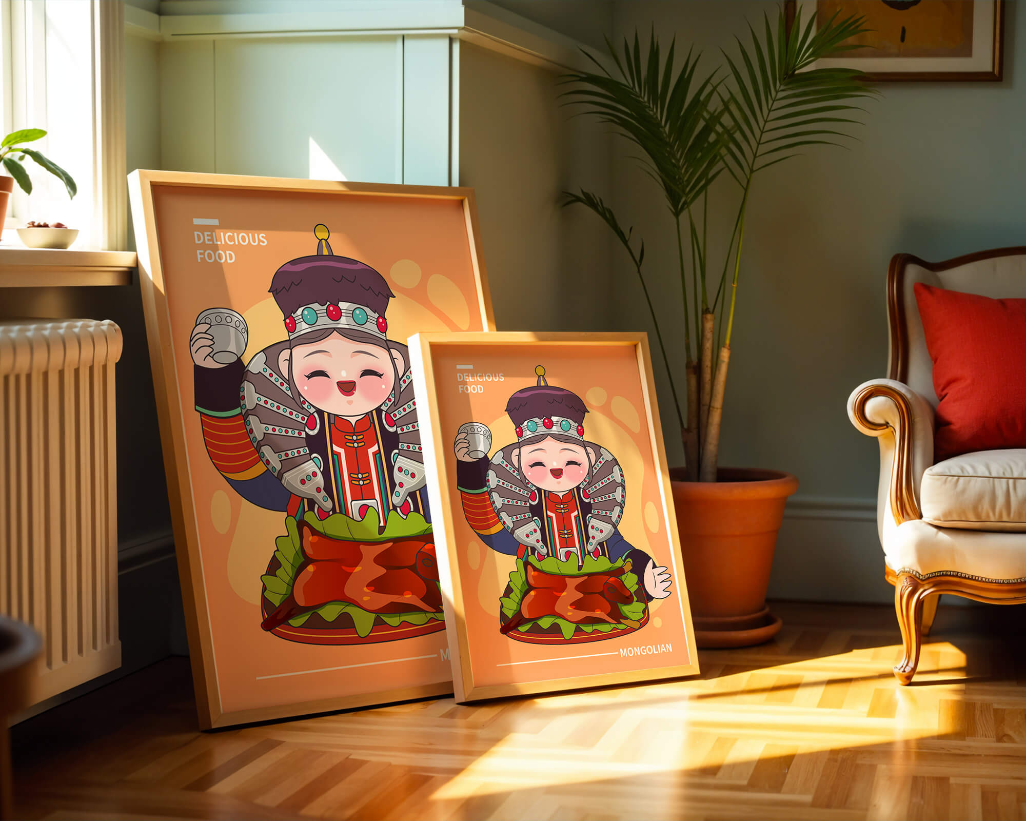 Cartoon character in traditional Mongolian attire with food