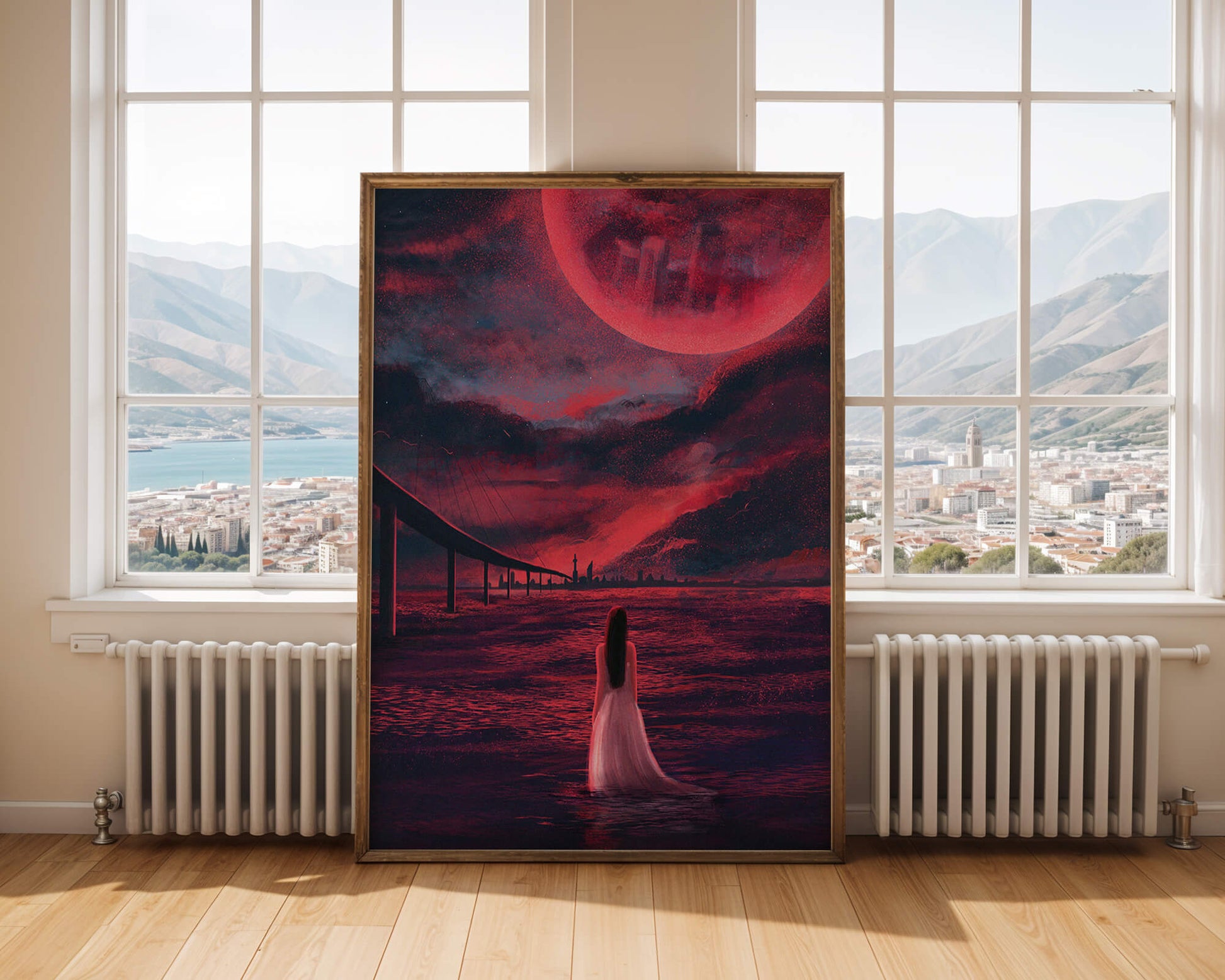 Dreamlike landscape with bridge and red night sky