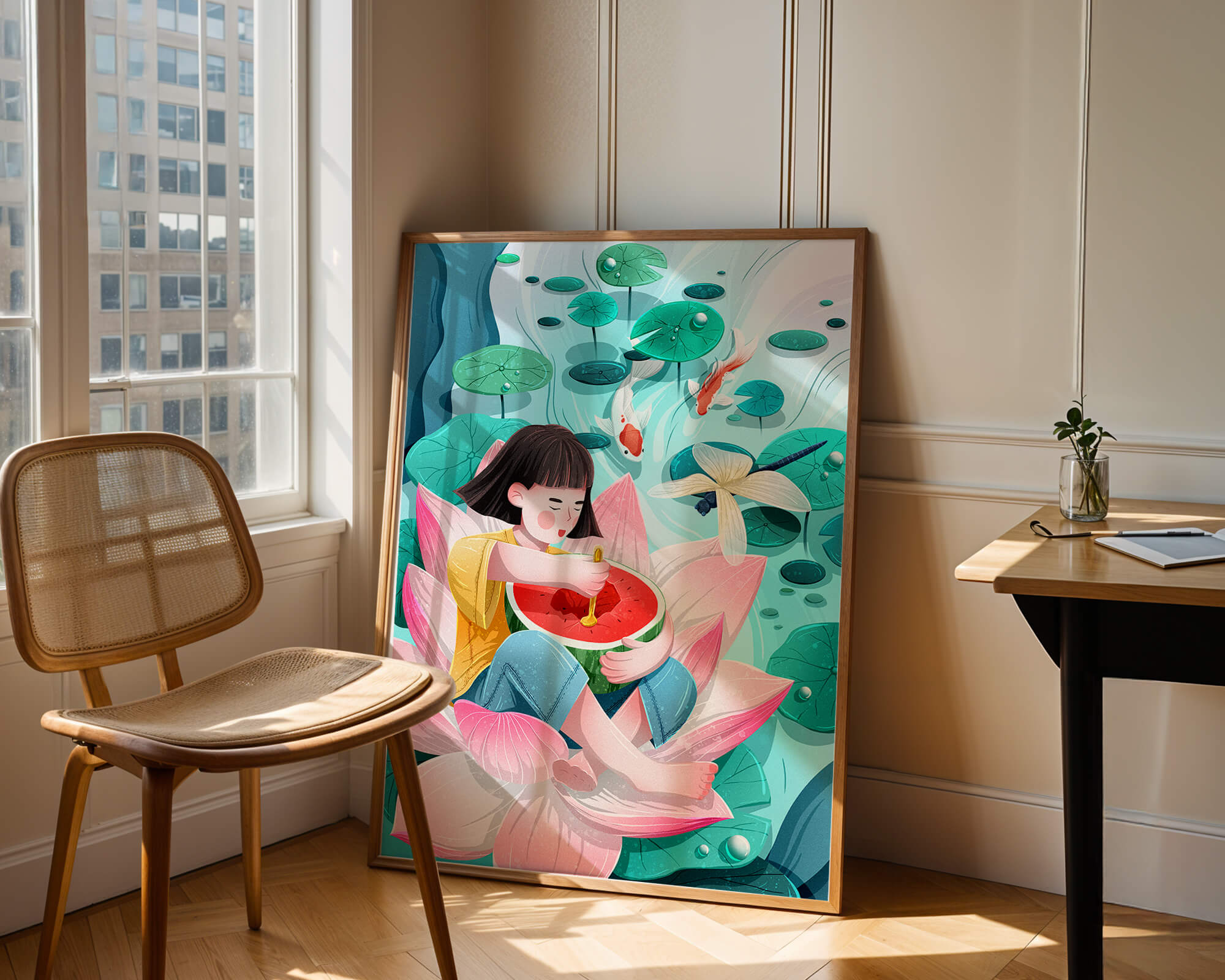 Serene illustration of child with watermelon on lotus flower