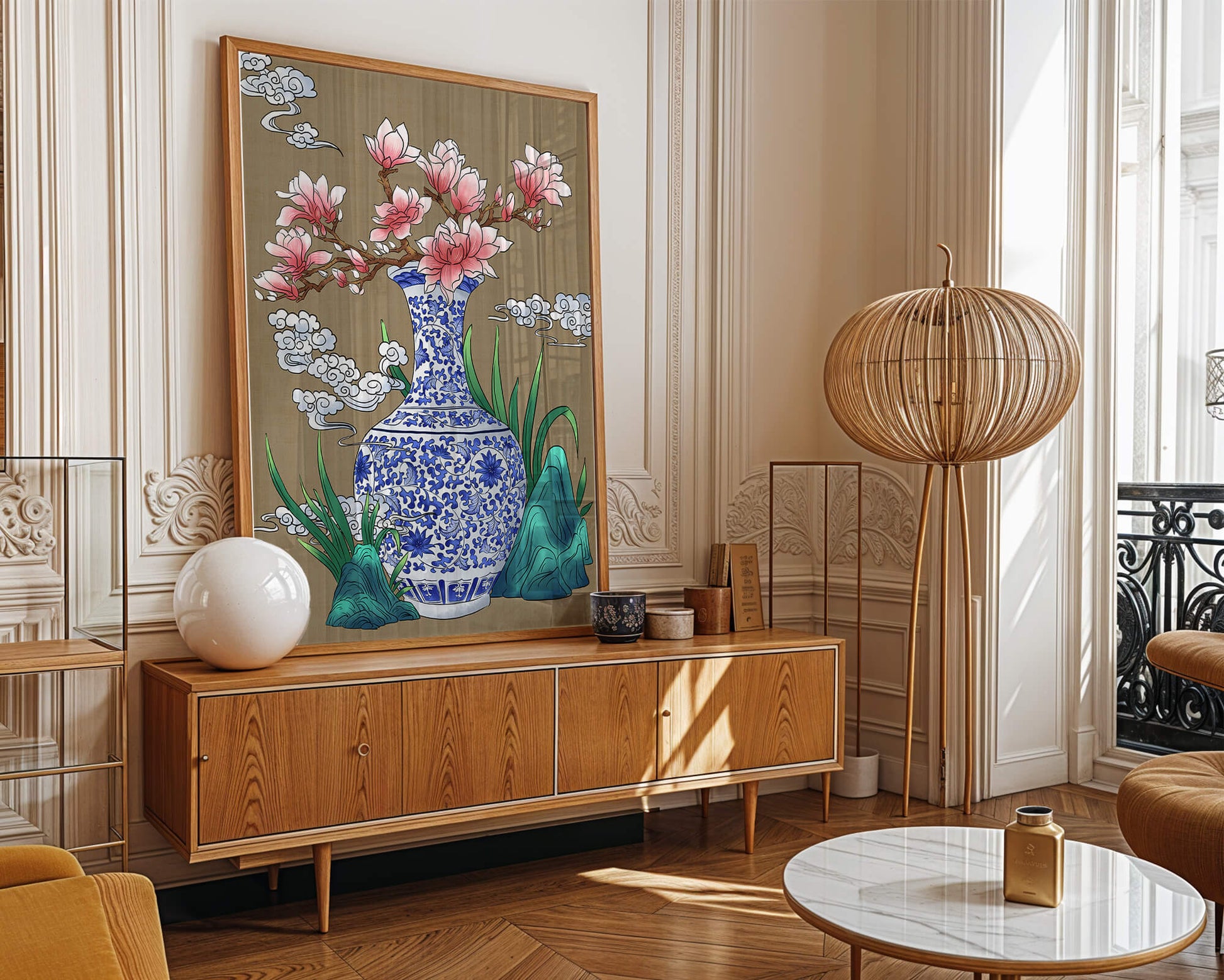 Elegante arreglo floral en jarrón de porcelana azul y blanca con magnolias.