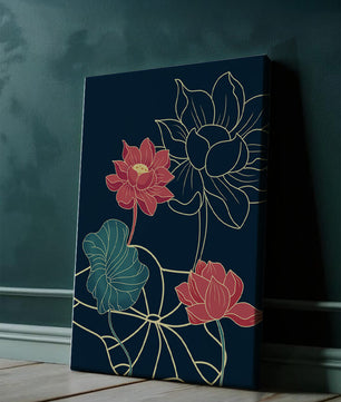 Vibrant Lotus Flowers on Dark Background with Gold Outline