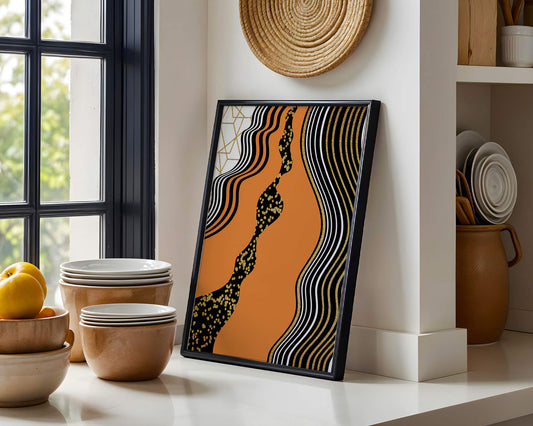 Artistic abstract design with wavy black lines and golden accents