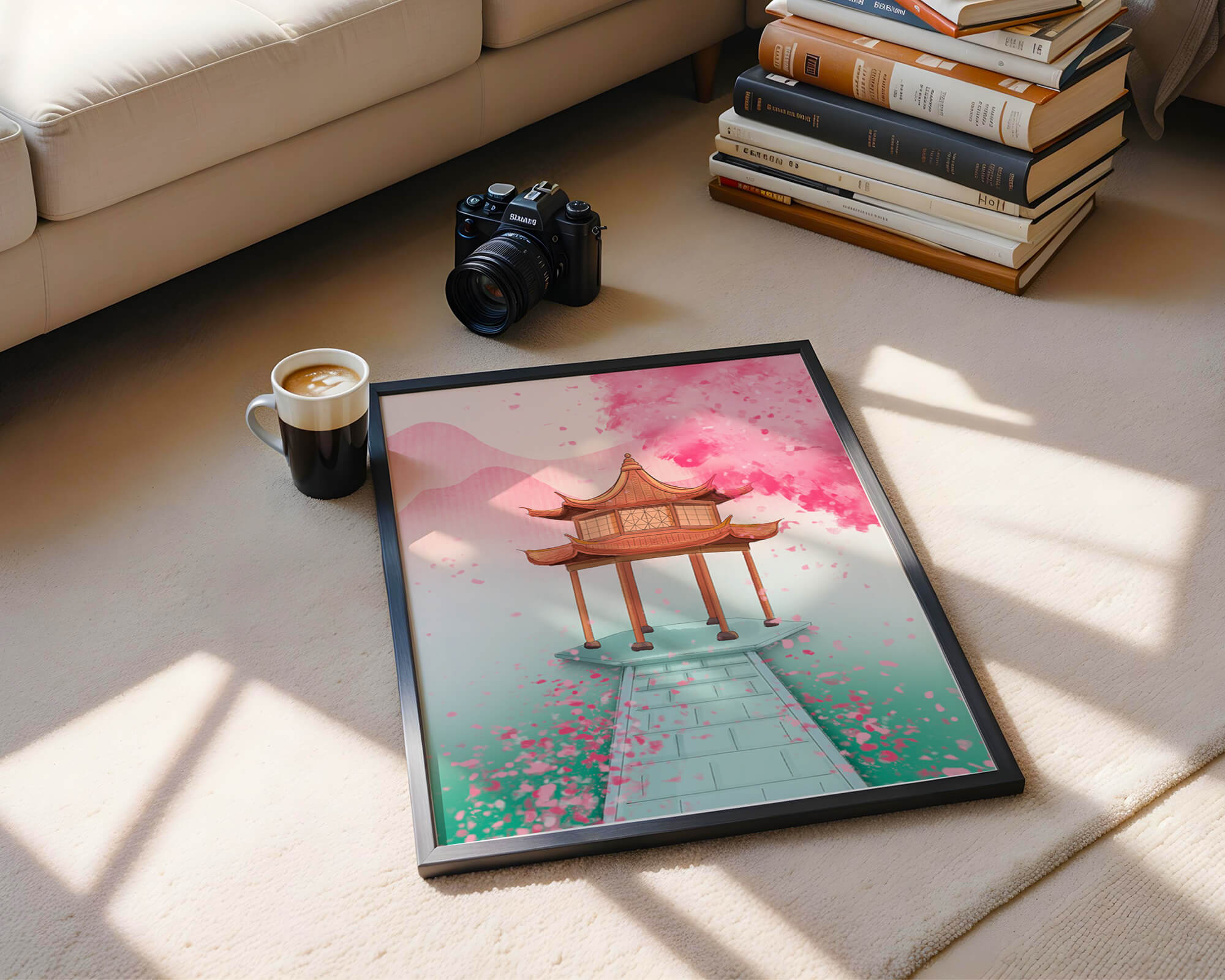 Traditional Asian gazebo surrounded by cherry blossoms