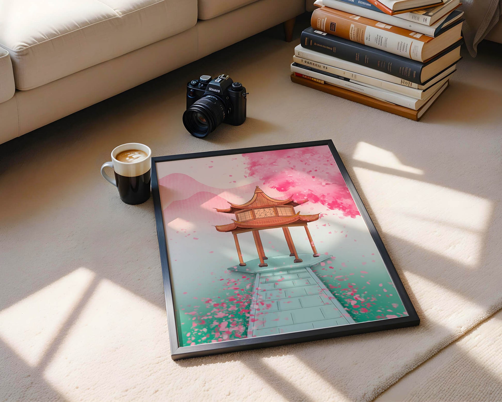 Traditional Asian gazebo surrounded by cherry blossoms