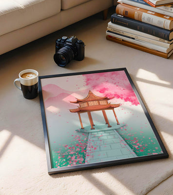 Traditional Asian gazebo surrounded by cherry blossoms