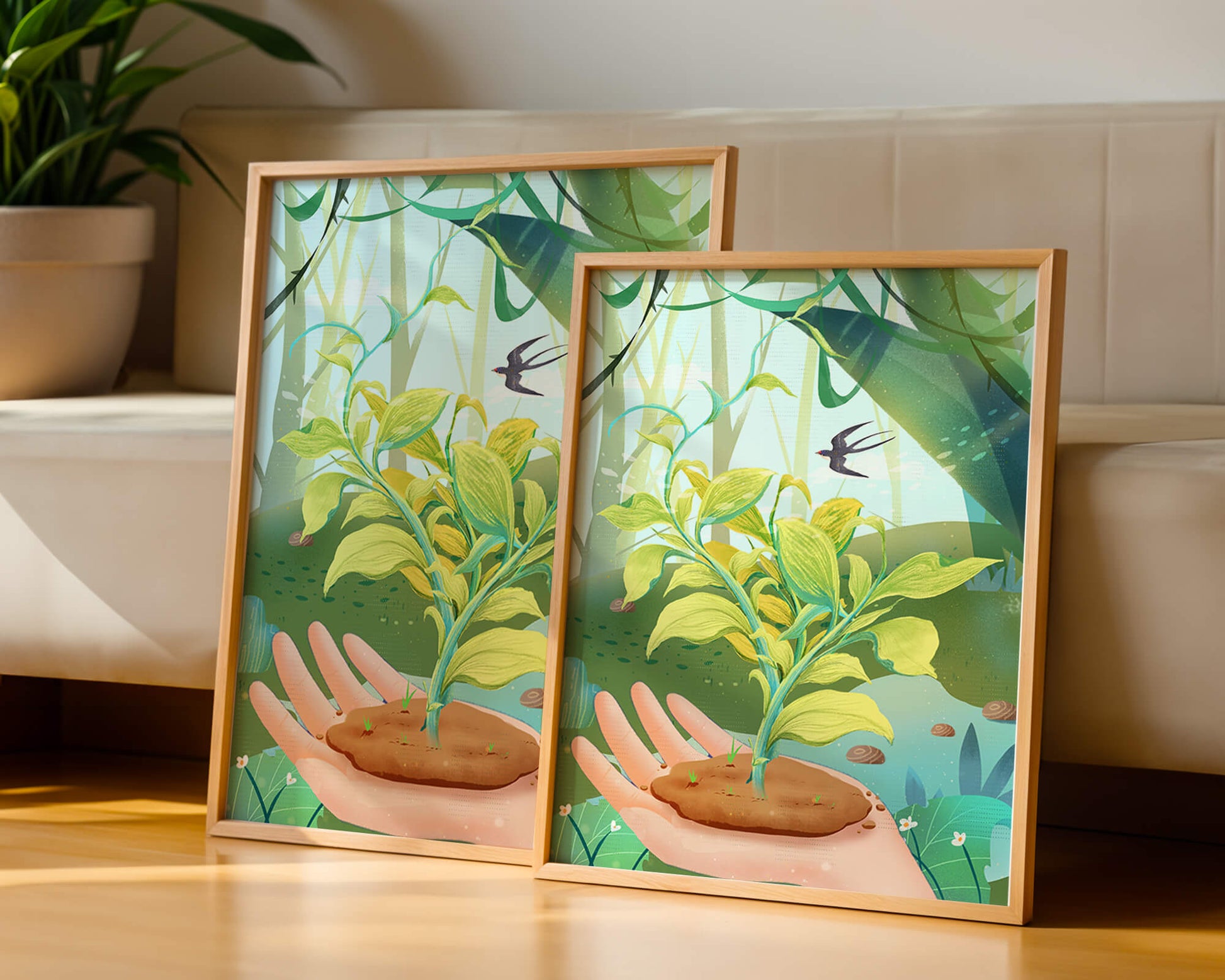 Hand hält eine wachsende Pflanze mit ruhigem Waldhintergrund und Vogel