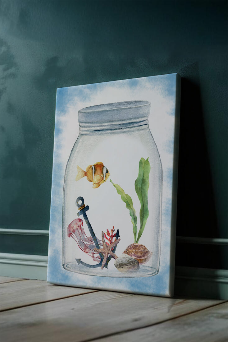 Watercolor illustration of underwater scene in a jar with fish and starfish