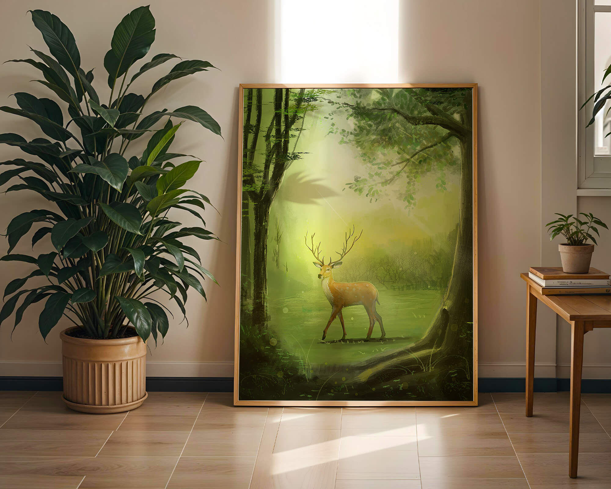 Serene forest scene with majestic deer under diffused sunlight