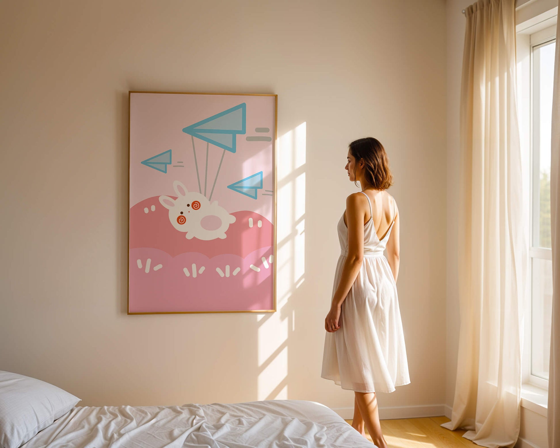 Adorable cartoon bunny flying with paper planes on a pink background