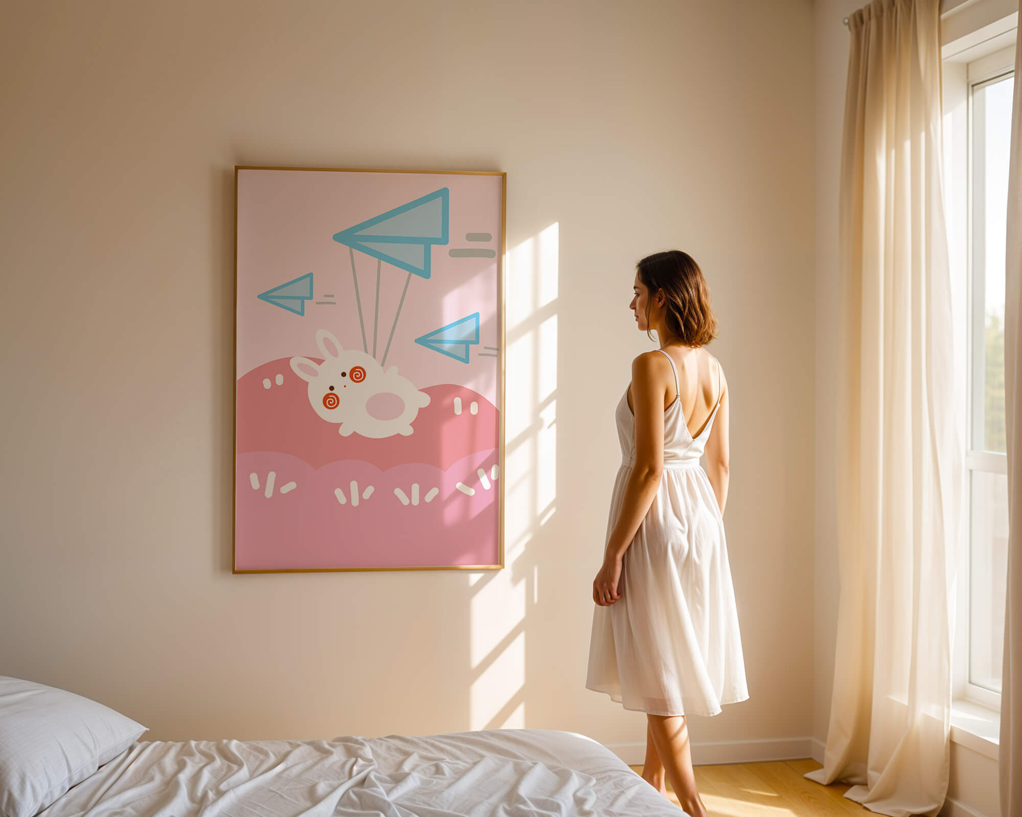 Adorable cartoon bunny flying with paper planes on a pink background