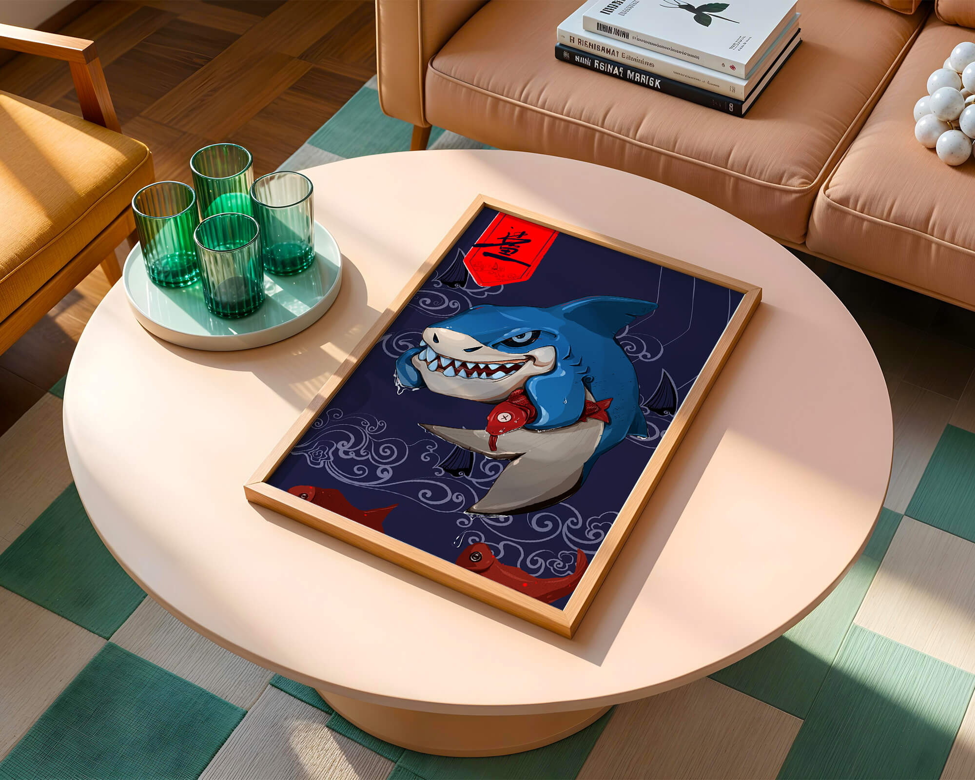 Playful illustration of a cartoon shark with nautical elements