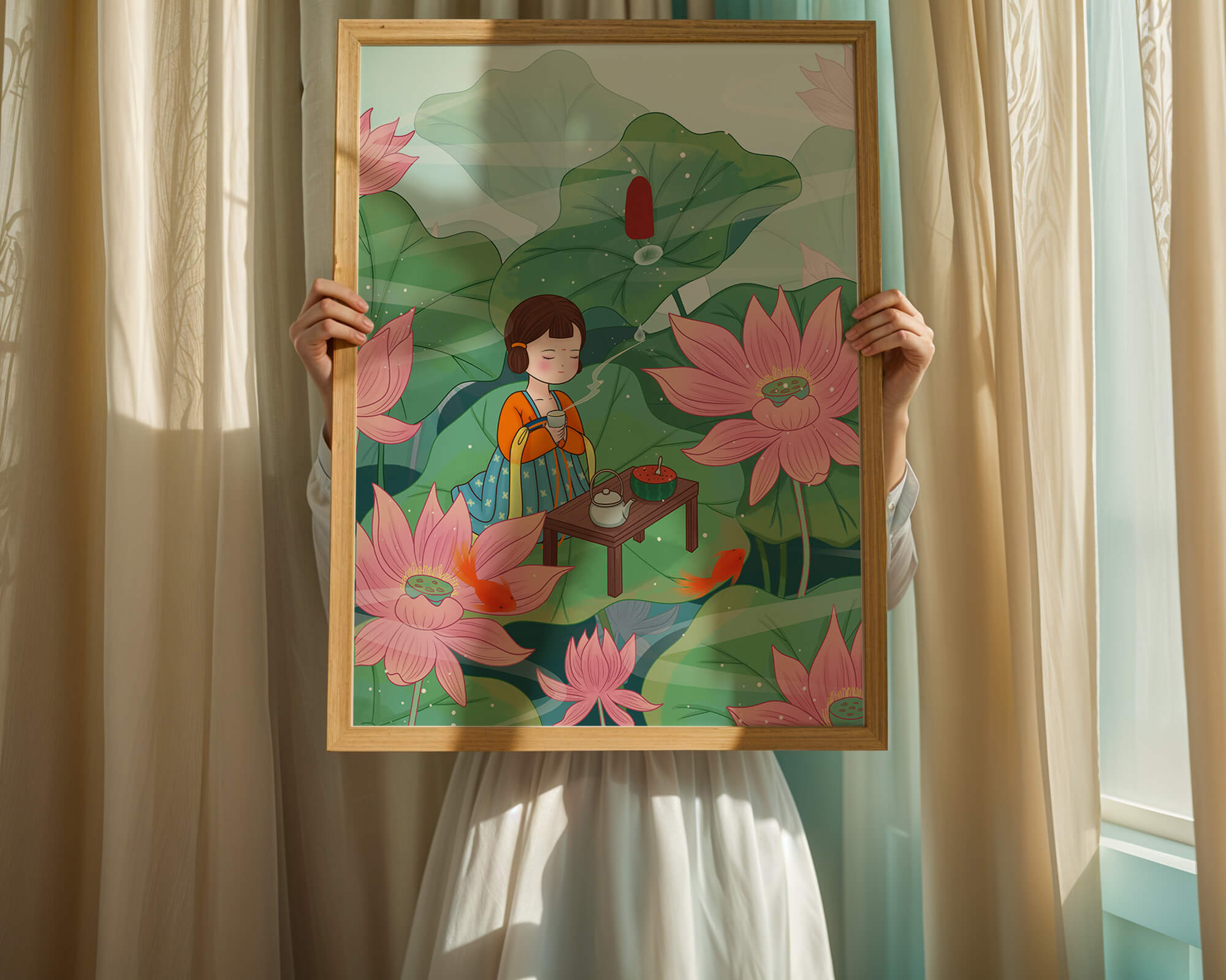 Serene illustration of a girl enjoying tea among lotus flowers