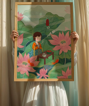 Serene illustration of a girl enjoying tea among lotus flowers