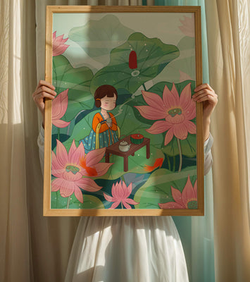 Serene illustration of a girl enjoying tea among lotus flowers