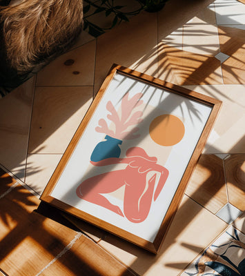 Abstract Nude Figure with Vase and Sun in Minimalist Style