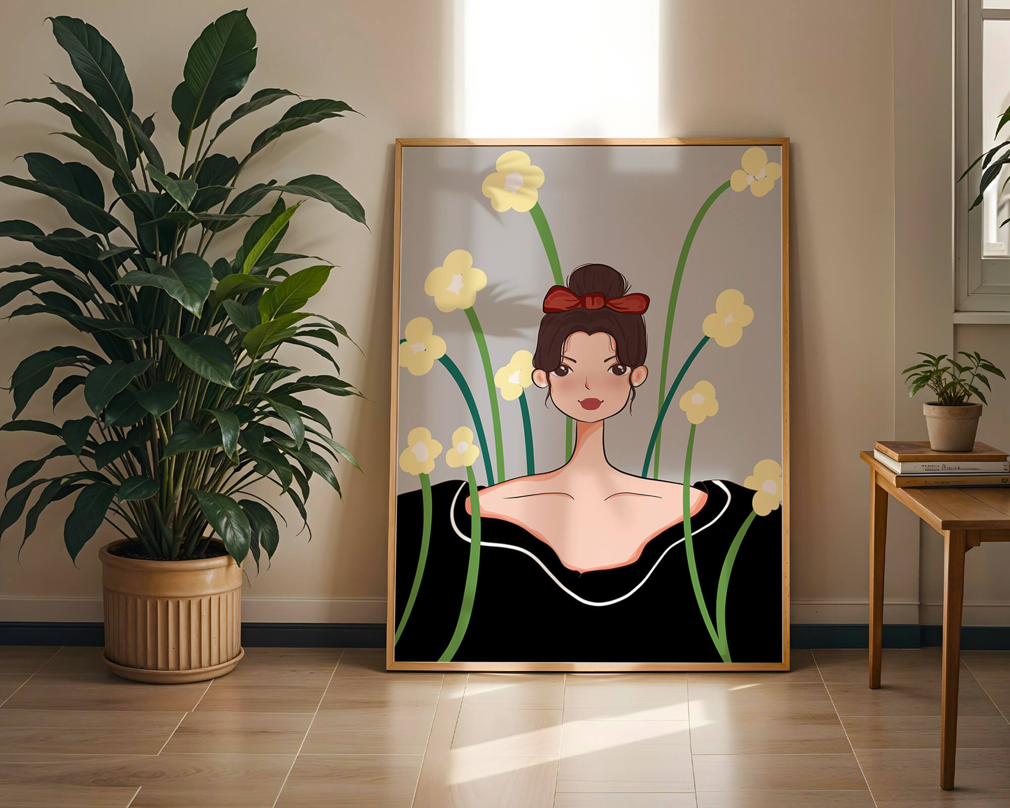 Illustration of a woman with floral background and red bow