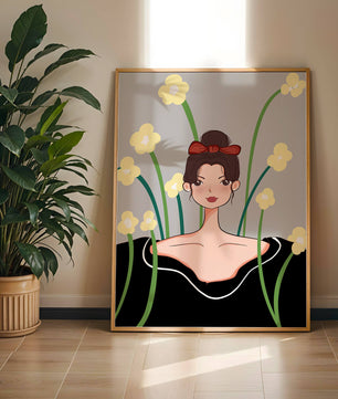 Ilustración de una mujer con fondo floral y lazo rojo