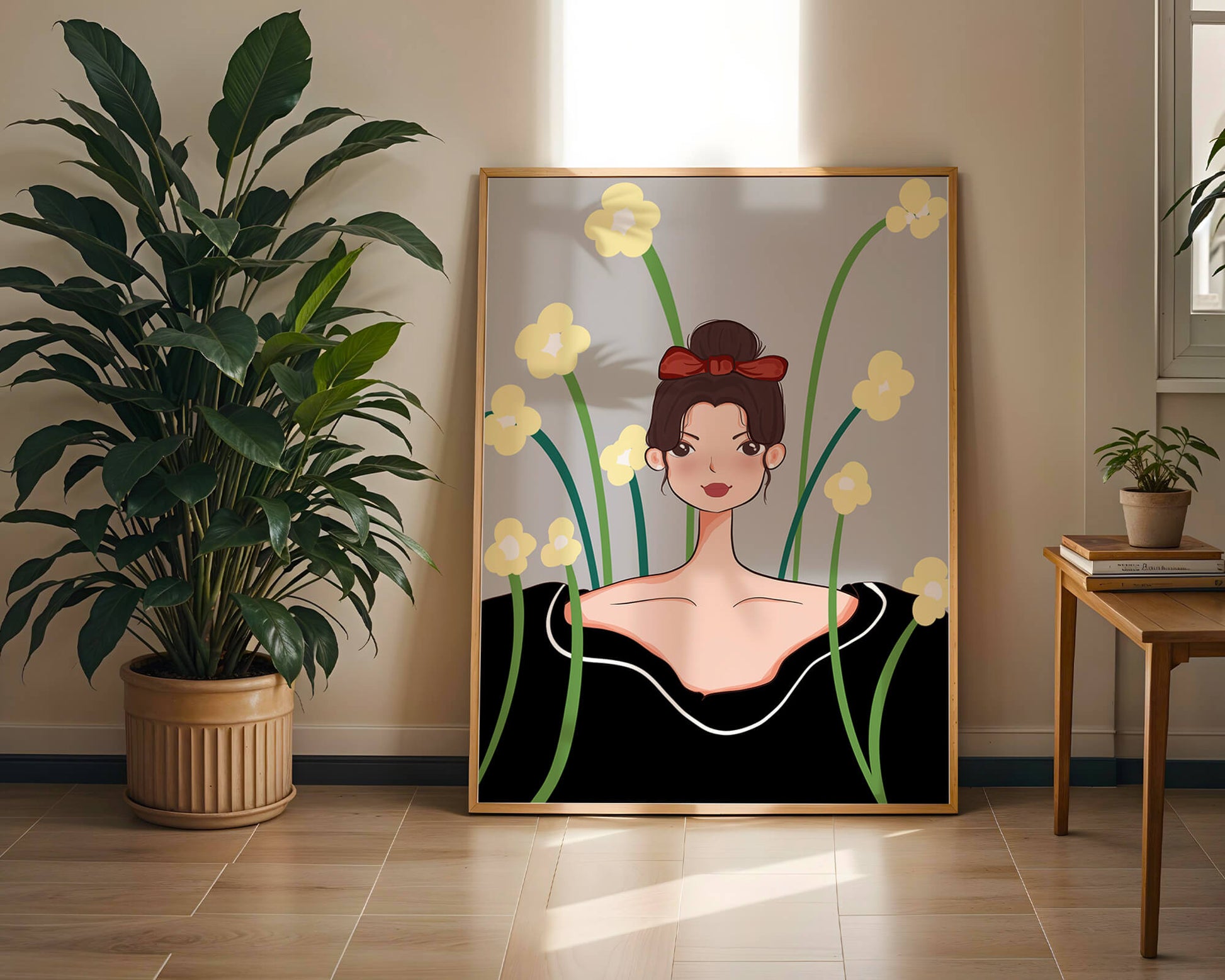 Illustration of a woman with floral background and red bow