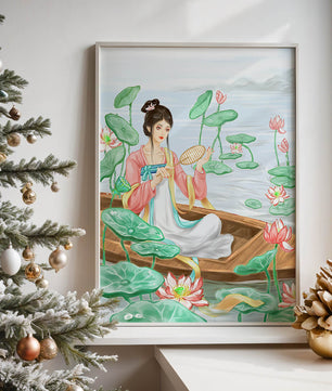 Femme élégante en tenue traditionnelle assise dans une barque parmi des fleurs de lotus
