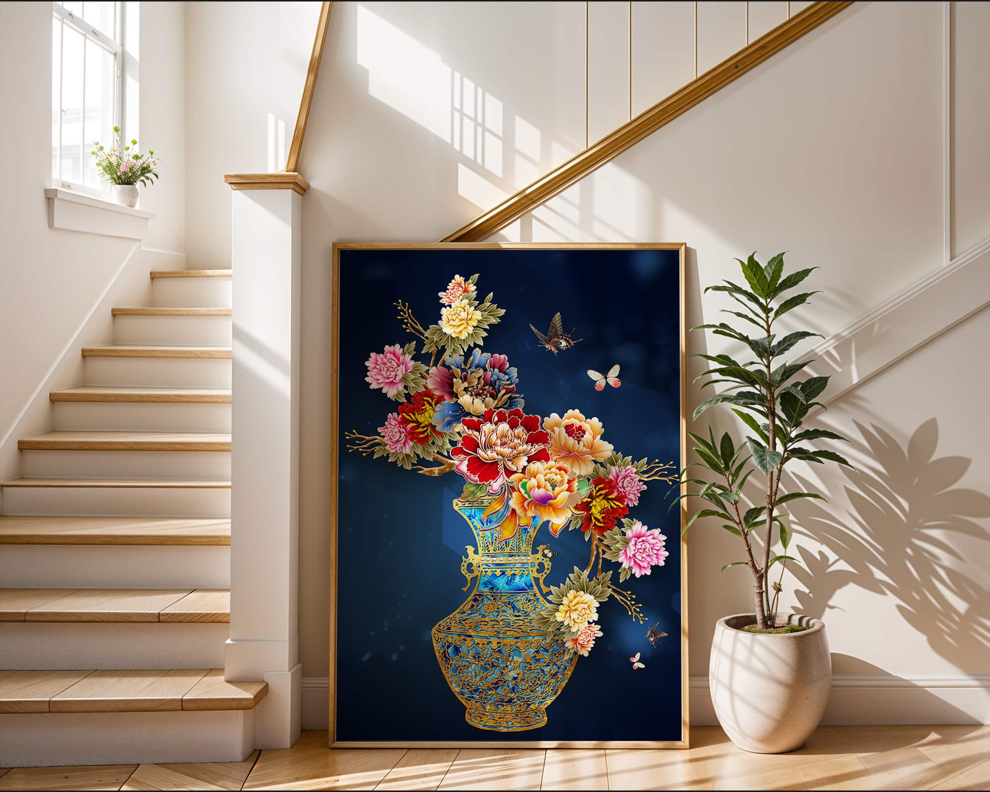 Elegant floral arrangement in ornate gold-accented vase with butterflies
