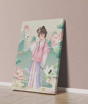 Femme élégante en tenue traditionnelle avec lotus en fleurs et grues