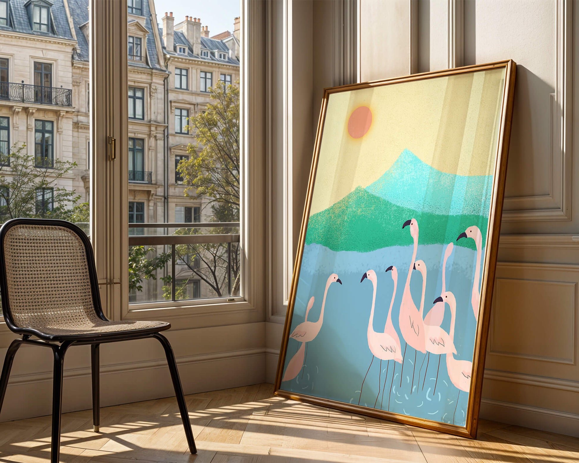 Friedliche Szene mit Flamingos in einer ruhigen Landschaft mit Bergen und Sonnenuntergang