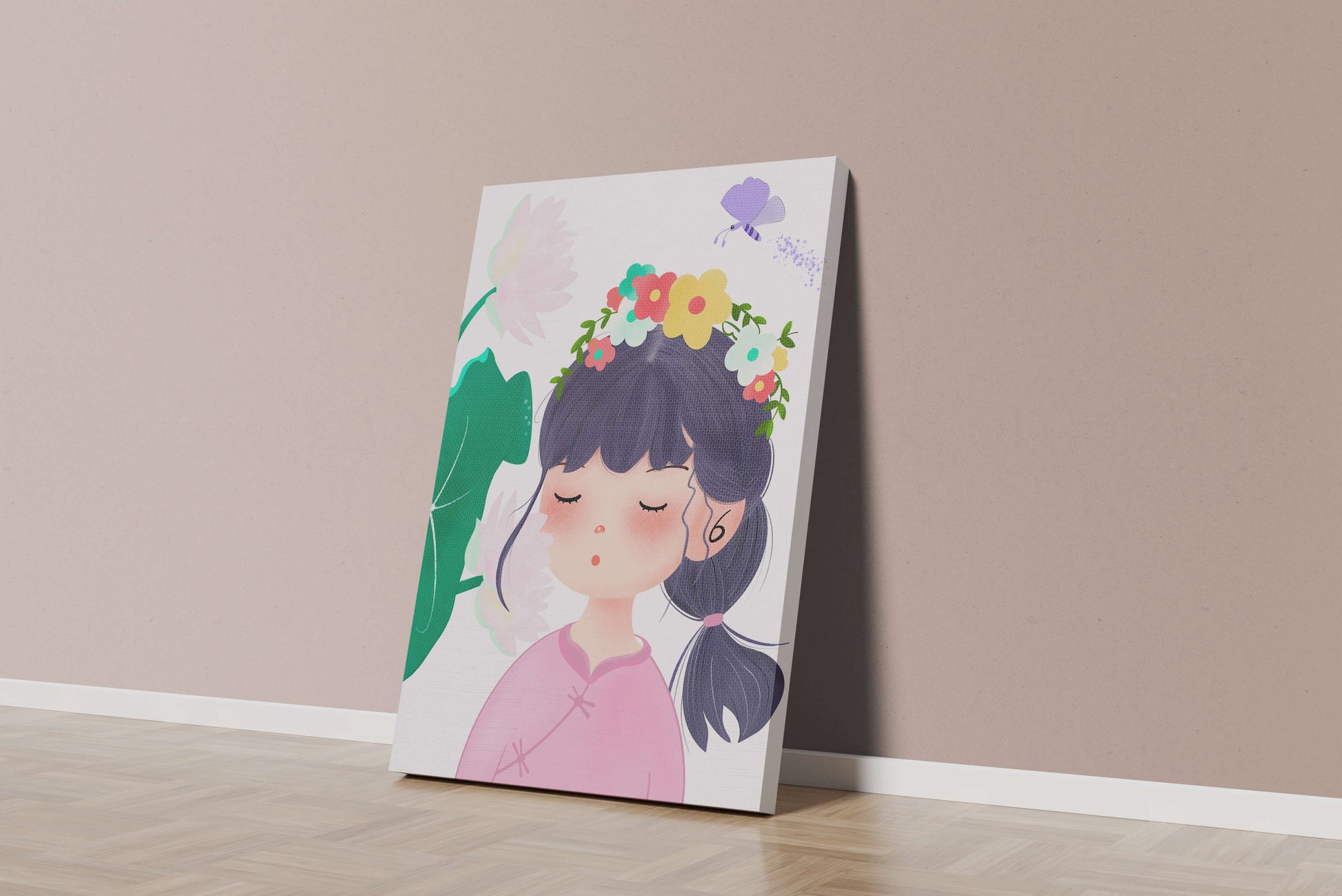 Whimsical illustration of a girl with a flower crown and butterfly