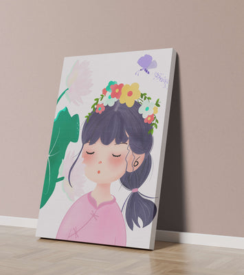 Whimsical illustration of a girl with a flower crown and butterfly