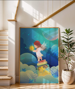 Enchanting angel collecting stars in a dreamy night sky