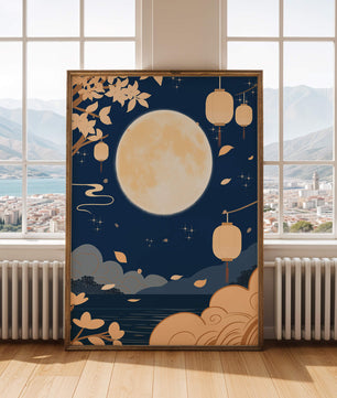 Full Moon Night with Lanterns and Falling Leaves in Tranquil Landscape