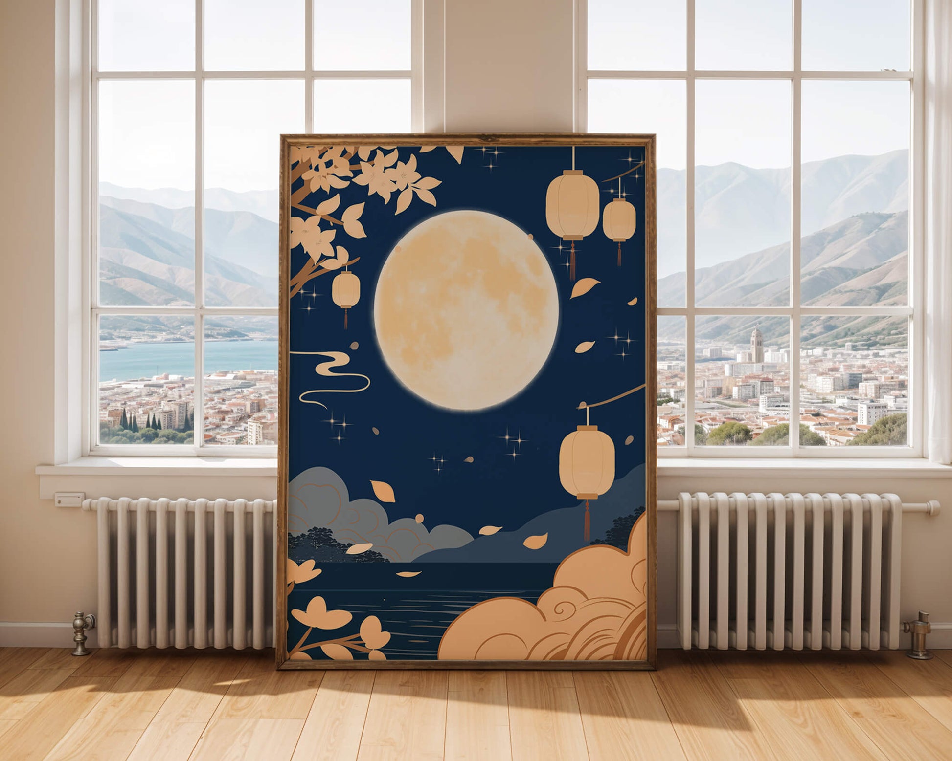 Full Moon Night with Lanterns and Falling Leaves in Tranquil Landscape