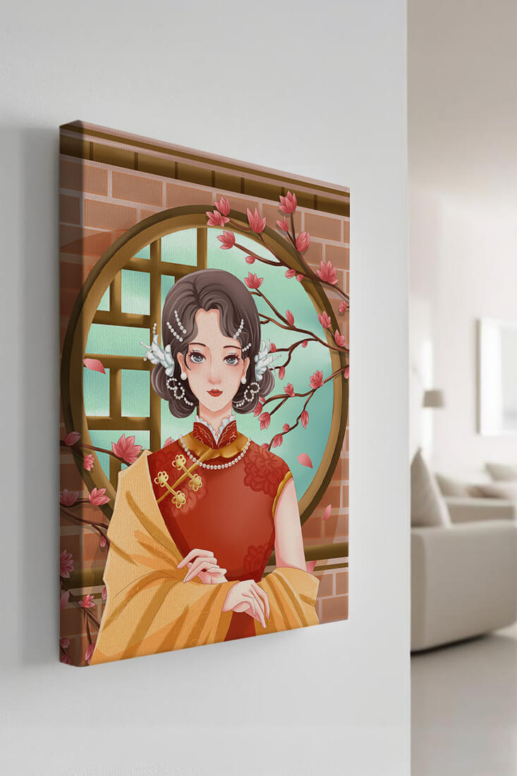 Elegant woman in traditional dress with floral background