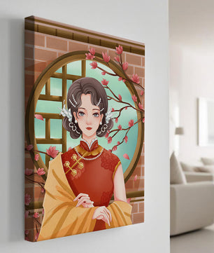 Elegant woman in traditional dress with floral background